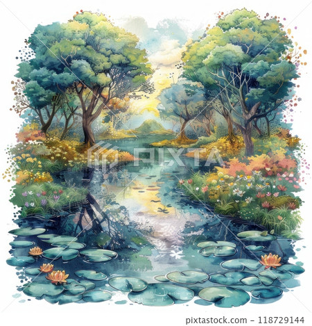 A serene forest stream flows through a lush landscape, dotted with lily pads and vibrant wildflowers.  The sun casts a warm glow on the tranquil scene. A serene forest stream flows through a lush landscape, dotted with lily pads and vibrant wildflowers.  The sun casts a warm glow on the tranquil scene. 118729144