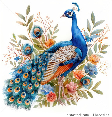 A vibrant peacock with its tail feathers spread stands amidst a colorful floral arrangement. 118729153