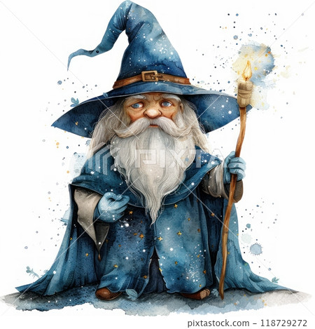 A whimsical watercolor illustration of a wizard with a long white beard, holding a glowing staff. A whimsical watercolor illustration of a wizard with a long white beard, holding a glowing staff. 118729272