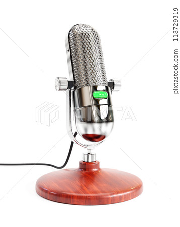 Vintage microphone with wooden stand on white background 118729319