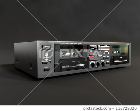 Double cassette tape deck on dark gray background 118729320