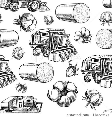Cotton harvesters. Seamless black and white drawing, graphic vector illustrations in the form of cotton boxes, combines and cotton rolls. On a white background. For packaging, textiles, labels. 118729374