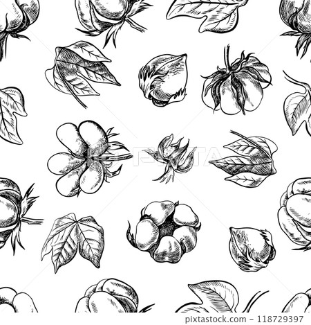 The cotton is organic. Seamless black and white pattern, graphic vector illustrations in the form of cotton boxes and leaves. On a white background. For packaging, textiles, labels and printing. 118729397