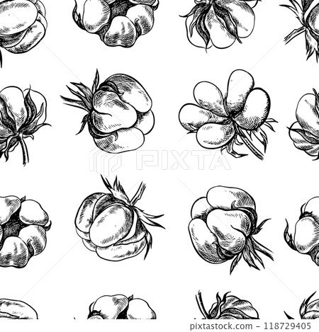 The cotton is organic. Seamless black and white pattern, graphic vector illustrations in the form of cotton boxes. On a white background. For packaging, textiles, labels and printing. 118729405