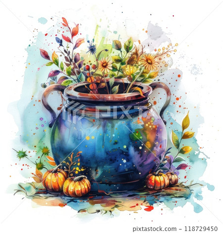 Watercolor painting of a blue pot with autumn flowers and pumpkins. 118729450