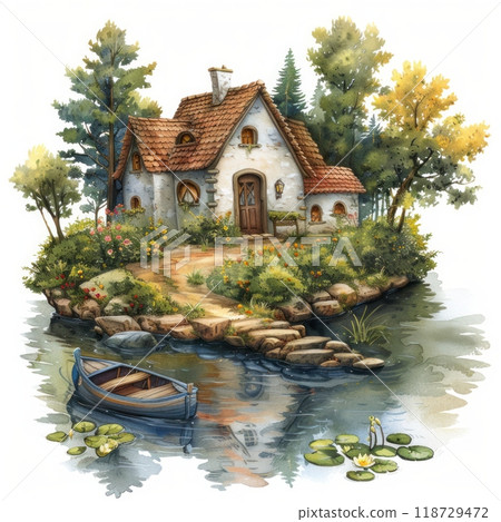 A charming cottage with a thatched roof sits on a small island in a serene lake, surrounded by lush greenery and a small boat. 118729472