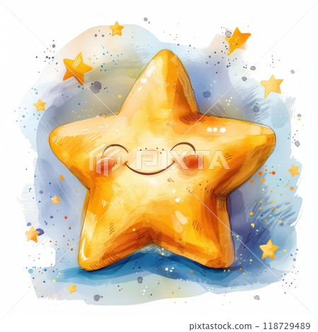 A cheerful yellow cartoon star with a big smile against a blue and white starry sky. A cheerful yellow cartoon star with a big smile against a blue and white starry sky. 118729489