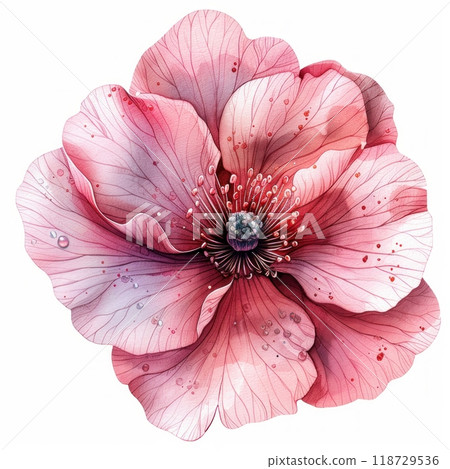 Delicate pink flower with water droplets, painted in a watercolor style. 118729536