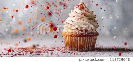 Cupcake, rising, bullet shot, solid white background Cupcake, rising, bullet shot, solid white background 118729648