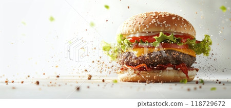 Juicy burger with cheese, lettuce, and tomato, with sprinkles flying around. 118729672