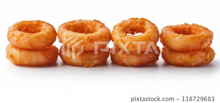 Onion rings, rising, bullet shot, solid white background 118729683