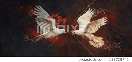 Two white doves in flight against a dark background. Two white doves in flight against a dark background. 118729741