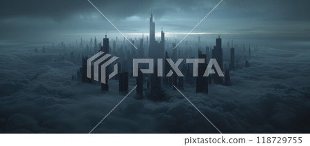 A city of skyscrapers emerges from a sea of clouds. 118729755