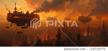 A futuristic city with flying airships and a sunset sky. 118729775