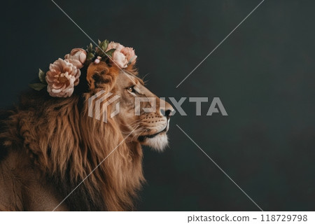 A majestic lion with a crown of pink flowers looks to the side against a dark grey background. 118729798