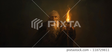 A mysterious, elderly man with a long beard holds a flickering torch in a dark room. 118729811