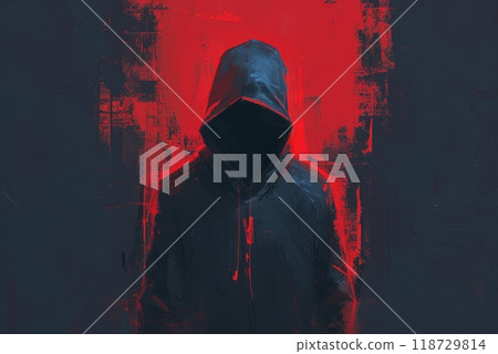 A mysterious figure in a dark hooded jacket stands against a red background.  The person's face is hidden, creating an air of intrigue. 118729814