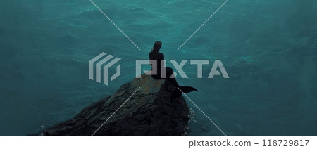 A mysterious figure sits on a rock in the ocean. A mysterious figure sits on a rock in the ocean. 118729817