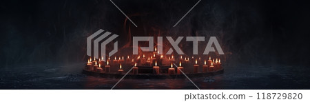A mystical, ethereal scene of glowing lights amidst swirling smoke and fog. 118729820