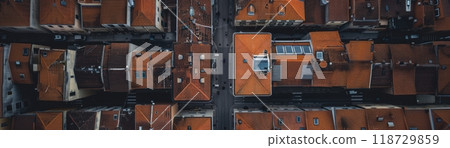 Aerial view of a city with red rooftops. 118729859