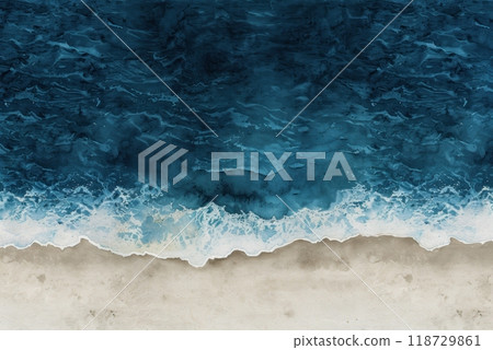 An aerial view of a sandy beach meeting the vast blue ocean, with foamy white waves crashing against the shore. 118729861