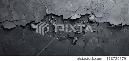 Cracked and weathered dark grey concrete wall texture. 118729879