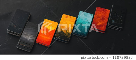 Vintage tarot card deck spread on wooden table. Vintage tarot card deck spread on wooden table. 118729883