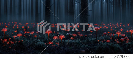 Eerie forest floor with a carpet of glowing red mushrooms. Eerie forest floor with a carpet of glowing red mushrooms. 118729884