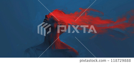 A person with red smoke emanating from their head, against a blue background. A person with red smoke emanating from their head, against a blue background. 118729888