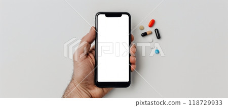 Black and colorful pills surrounding a smartphone on a white background. Black and colorful pills surrounding a smartphone on a white background. 118729933