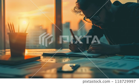 Notebooks and binders on a study desk close up, focus on, copy space vibrant details, Double exposure silhouette with student writing 118729997