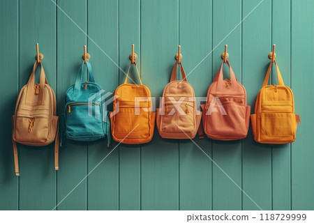 Backpacks and school bags hanging on hooks close up, focus on, copy space colorful and detailed, Double exposure silhouette with classroom backdrop 118729999