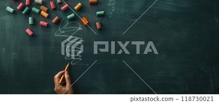 Chalkboard with colorful chalk pieces close up, focus on, copy space vivid and detailed, Double exposure silhouette with teacher writing 118730021