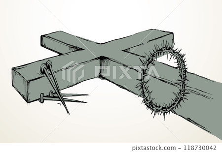 Wooden cross and iron nails. Vector drawing 118730042