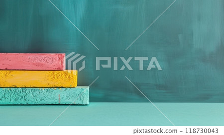 Colorful chalk on a chalkboard ledge close up, focus on, copy space bright and creative, Double exposure silhouette with classroom setting Colorful chalk on a chalkboard ledge close up, focus on, copy space bright and creative, Double exposure silhouette with classroom setting 118730043