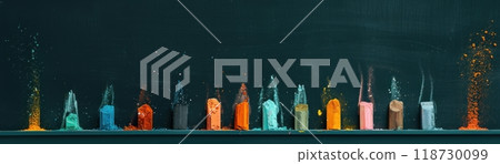 Colorful chalk on a chalkboard ledge close up, focus on, copy space bright and creative, Double exposure silhouette with classroom setting Colorful chalk on a chalkboard ledge close up, focus on, copy space bright and creative, Double exposure silhouette with classroom setting 118730099