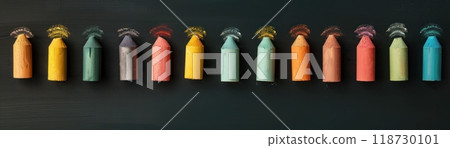 Colorful chalk on a chalkboard ledge close up, focus on, copy space bright and creative, Double exposure silhouette with classroom setting 118730101