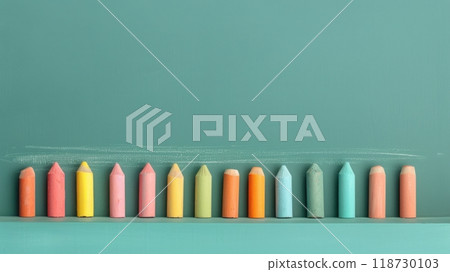 Colorful chalk on a chalkboard ledge close up, focus on, copy space bright and creative, Double exposure silhouette with classroom setting 118730103