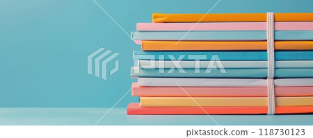 Colorful notebooks and binders in a classroom close up, focus on, copy space bright and organized, Double exposure silhouette with school environment 118730123