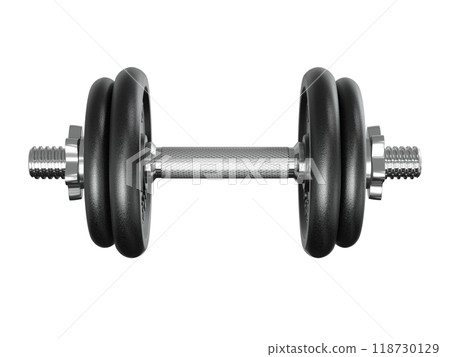 Black adjustable dumbbell, weightlifting gym equipment, side view 118730129