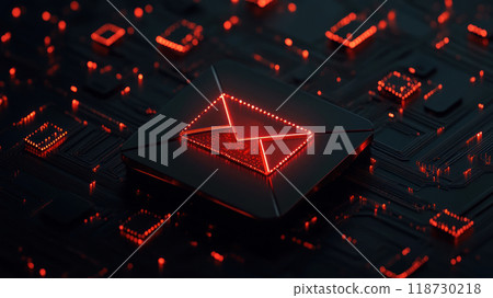 A glowing red email icon on a dark, digital background representing communication and technology. A glowing red email icon on a dark, digital background representing communication and technology. 118730218