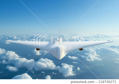 Airplane-type drone or unmanned aerial vehicle (UAV) flies in the sky, aerial view 118730271