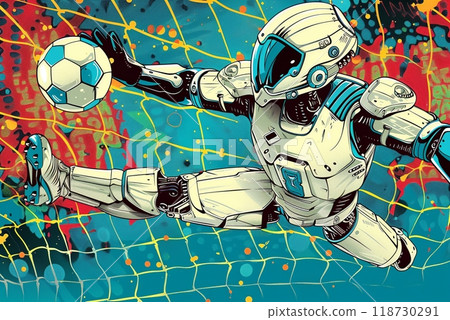 Drawn robot football goalkeeper jumping and catching soccer ball in net, high tech concept in sports Drawn robot football goalkeeper jumping and catching soccer ball in net, high tech concept in sports 118730291