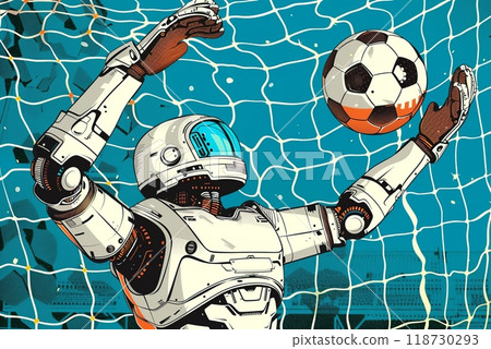 Robot football goalkeeper catching soccer ball in goal, concept artificial intelligence in sports Robot football goalkeeper catching soccer ball in goal, concept artificial intelligence in sports 118730293