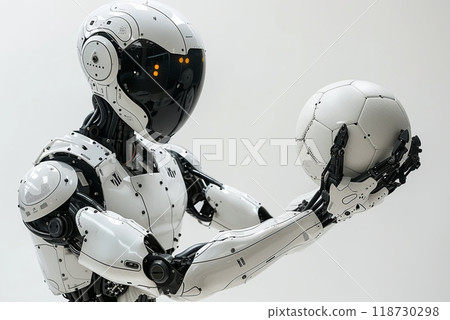 Modern robot holds white soccer ball - concept of AI in sports Modern robot holds white soccer ball - concept of AI in sports 118730298