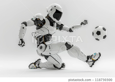 Futuristic Robot football player plays in soccer ball, isolated on white background 118730300