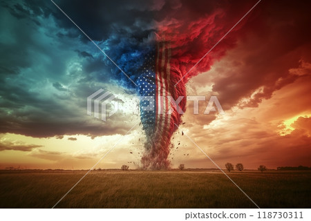 Large tornado in colors of US flag - symbol of division in American society and political parties Large tornado in colors of US flag - symbol of division in American society and political parties 118730311