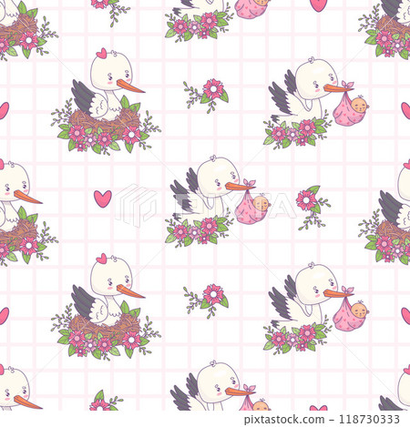 Seamless pattern with cute stork and newborn baby girl on white checkered background with flowers. Vector illustration. Funny cartoon bird kawaii character and infant birthday. 118730333