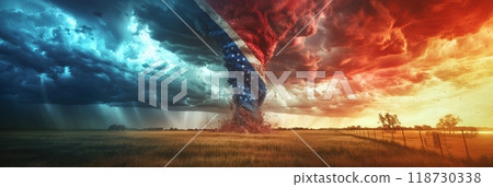 Large tornado in colors of American flag - concept social conflict in USA 118730338