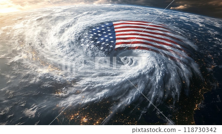 Super typhoon in form of American flag - abstract illustration of natural disaster in USA Super typhoon in form of American flag - abstract illustration of natural disaster in USA 118730342